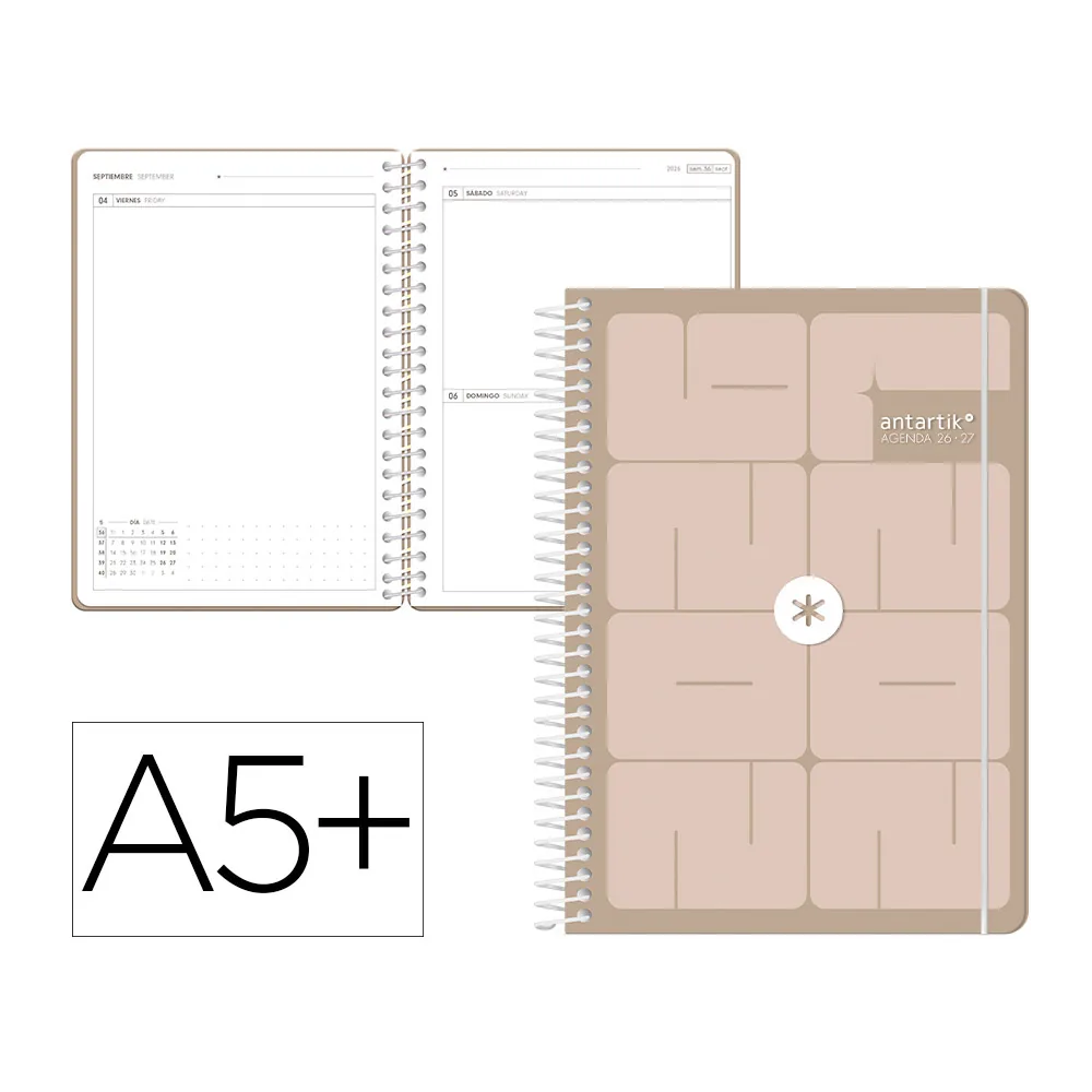 Agenda Escolar Antartik 26-27 Espiral Essentials Dia Pagina A5+ Bilingue 80G Papel Fsc Beis