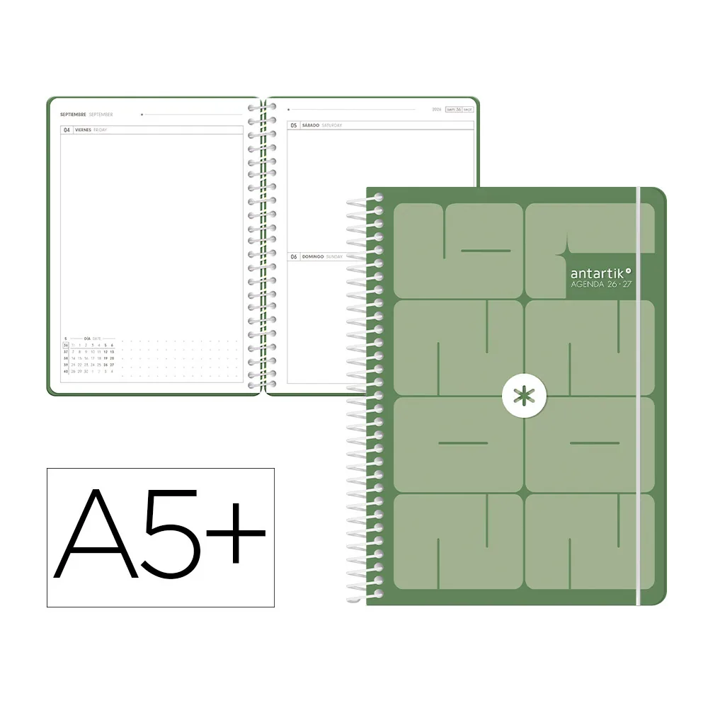Agenda Escolar Antartik 26-27 Espiral Essentials Dia Pagina A5+ Bilingue 80G Papel Fsc Verde
