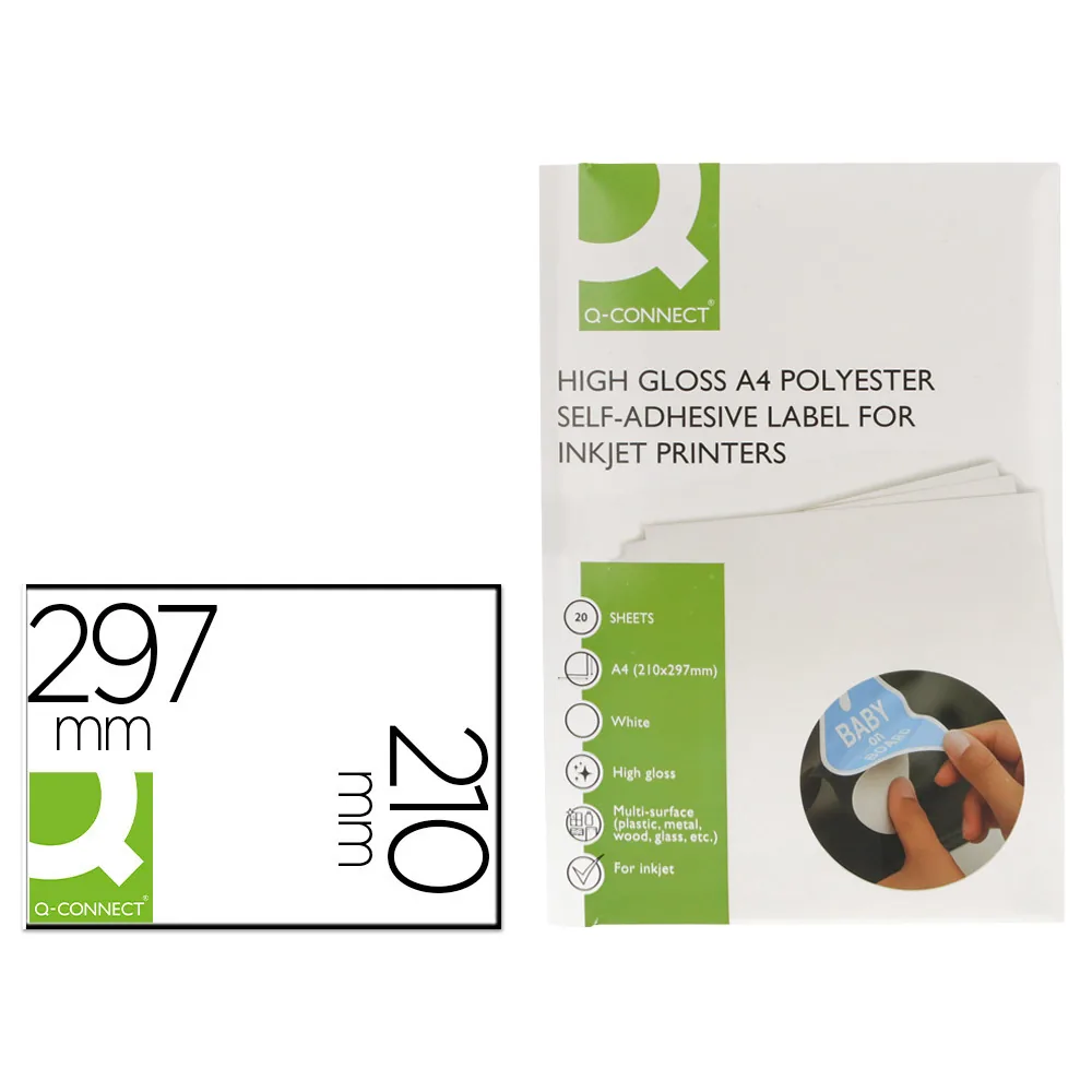 Etiqueta Adhesiva Q-Connect Poliester A4 Blanco Alto Brillo para Impresoras Inkjet Pack con 20 Hojas