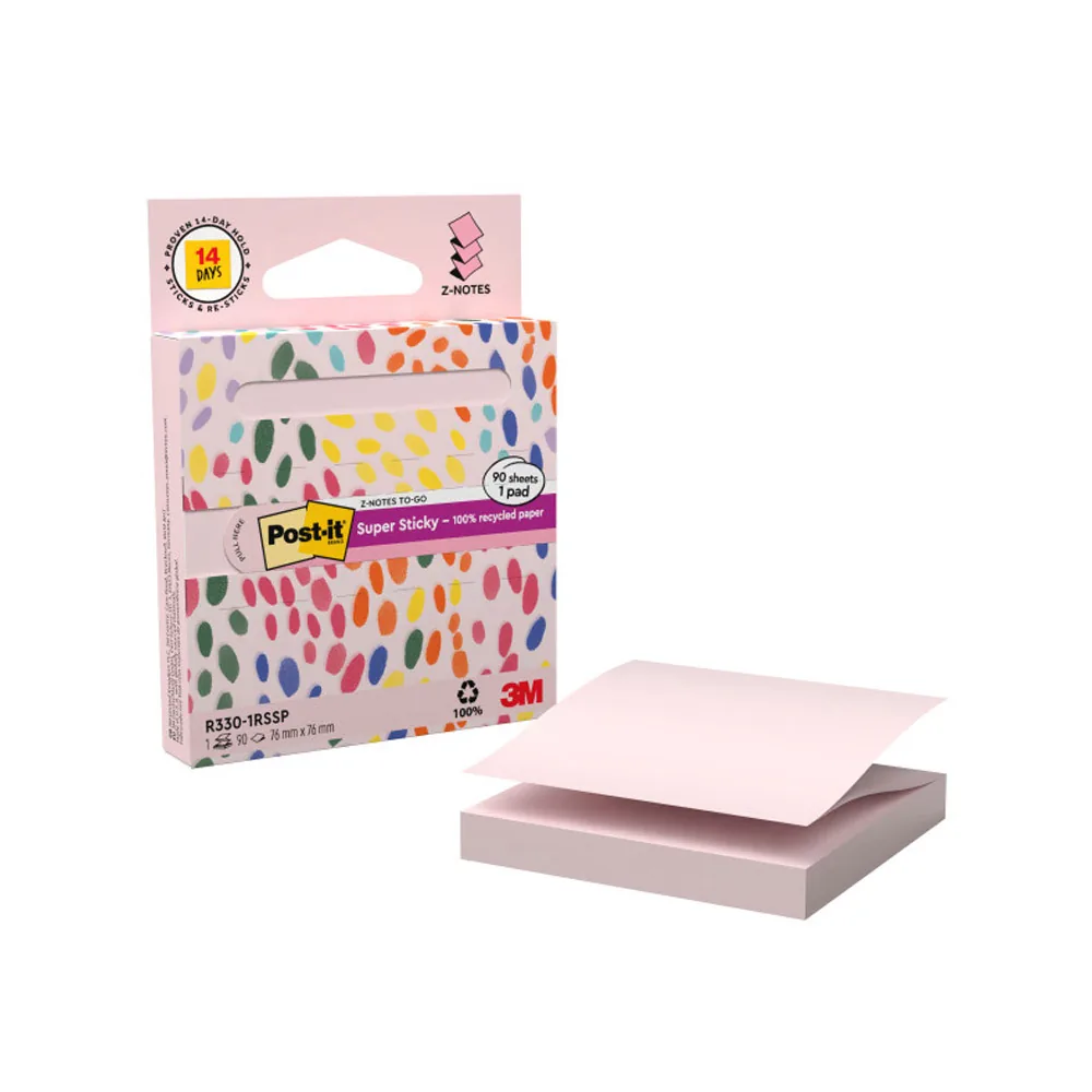 Bloc de Notas Adhesivas Quita y Pon Post It Z-notas Super Sticky 100% Pefc 76X76 MM Dispensador 90 Hojas Rosa