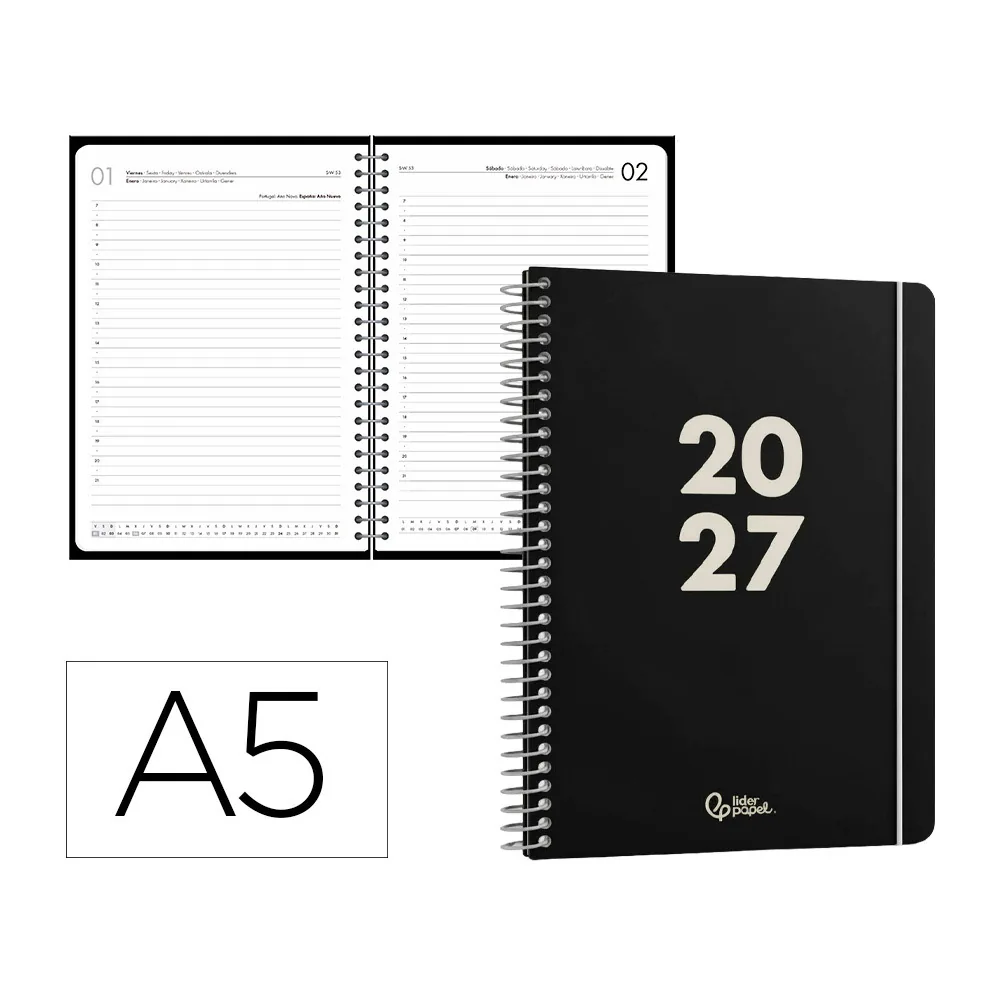 Agenda Oficina Liderpapel 2027 Espiral Basic Dia Pagina A5 Bilingue 60G Papel Fsc Negro