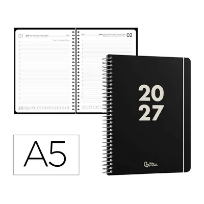 LIDERPAPEL Agenda Oficina Liderpapel 2027 Espiral Basic Dia Pagina A5 Bilingue 60G Papel Fsc Negro