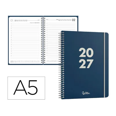 LIDERPAPEL Agenda Oficina Liderpapel 2027 Espiral Basic Dia Pagina A5 Bilingue 60G Papel Fsc Azul