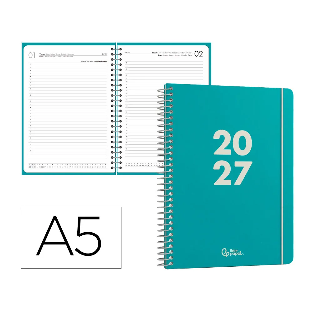 Agenda Oficina Liderpapel 2027 Espiral Basic Dia Pagina A5 Bilingue 60G Papel Fsc Turquesa