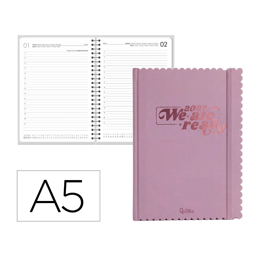 Agenda Oficina Liderpapel 2027 Encuadernada Cloudy Dia Pagina A5 Bilingue 70G Papel Fsc Malva