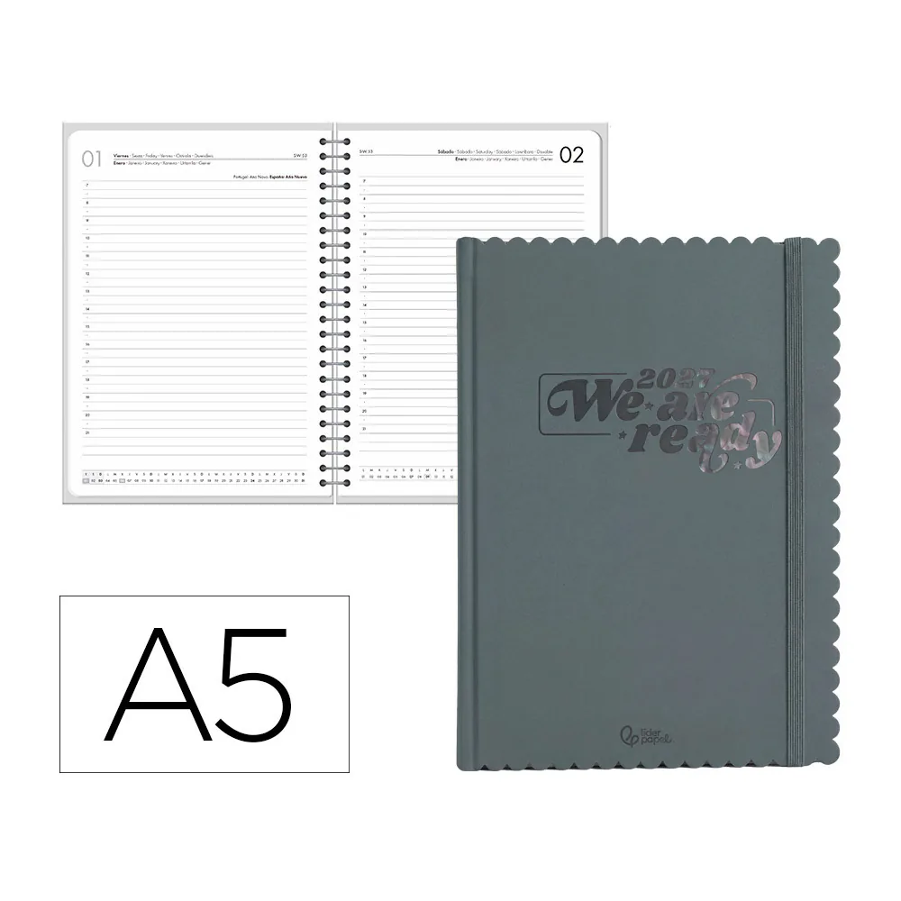 Agenda Oficina Liderpapel 2027 Encuadernada Cloudy Dia Pagina A5 Bilingue 70G Papel Fsc Gris Oscuro