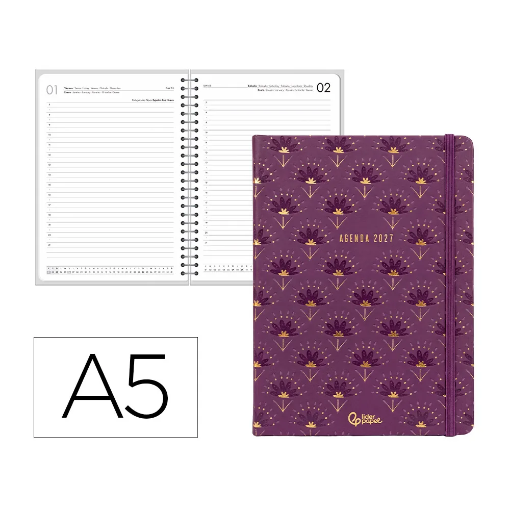 Agenda Oficina Liderpapel 2027 Encuadernada Boho Dia Pagina A5 Bilingue 70G Papel Fsc Purpura