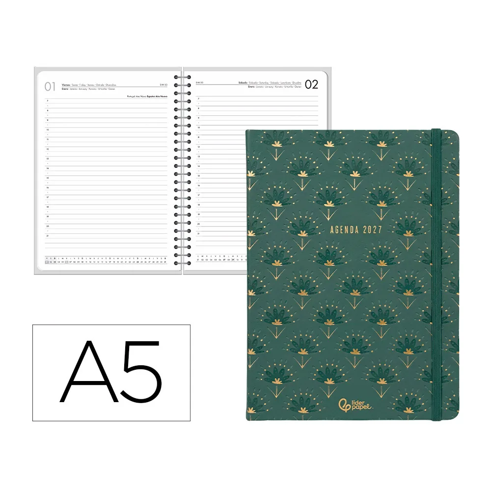 Agenda Oficina Liderpapel 2027 Encuadernada Boho Dia Pagina A5 Bilingue 70G Papel Fsc Verde