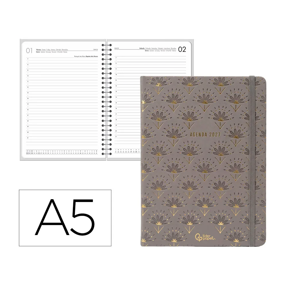 Agenda Oficina Liderpapel 2027 Encuadernada Boho Dia Pagina A5 Bilingue 70G Papel Fsc Gris