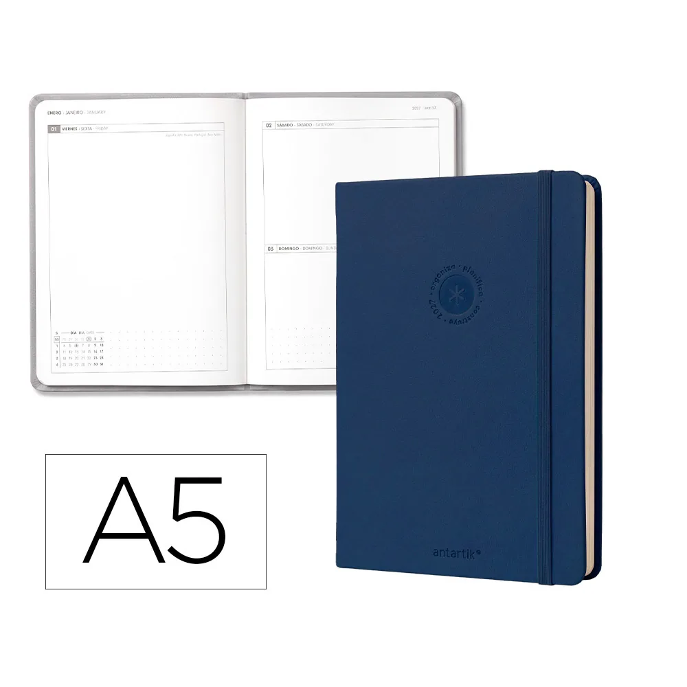 Agenda Oficina Antartik 2027 Encuadernada Dia Pagina A5 Bilingue 70G Papel Fsc Azul Marino
