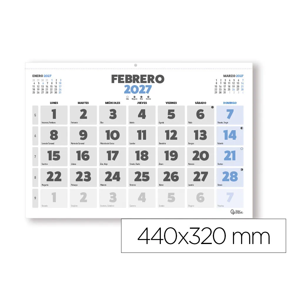 Calendario Espiral Pared Liderpapel Clasico 2027 Numeros Grandes 440X320 MM Papel 128 G
