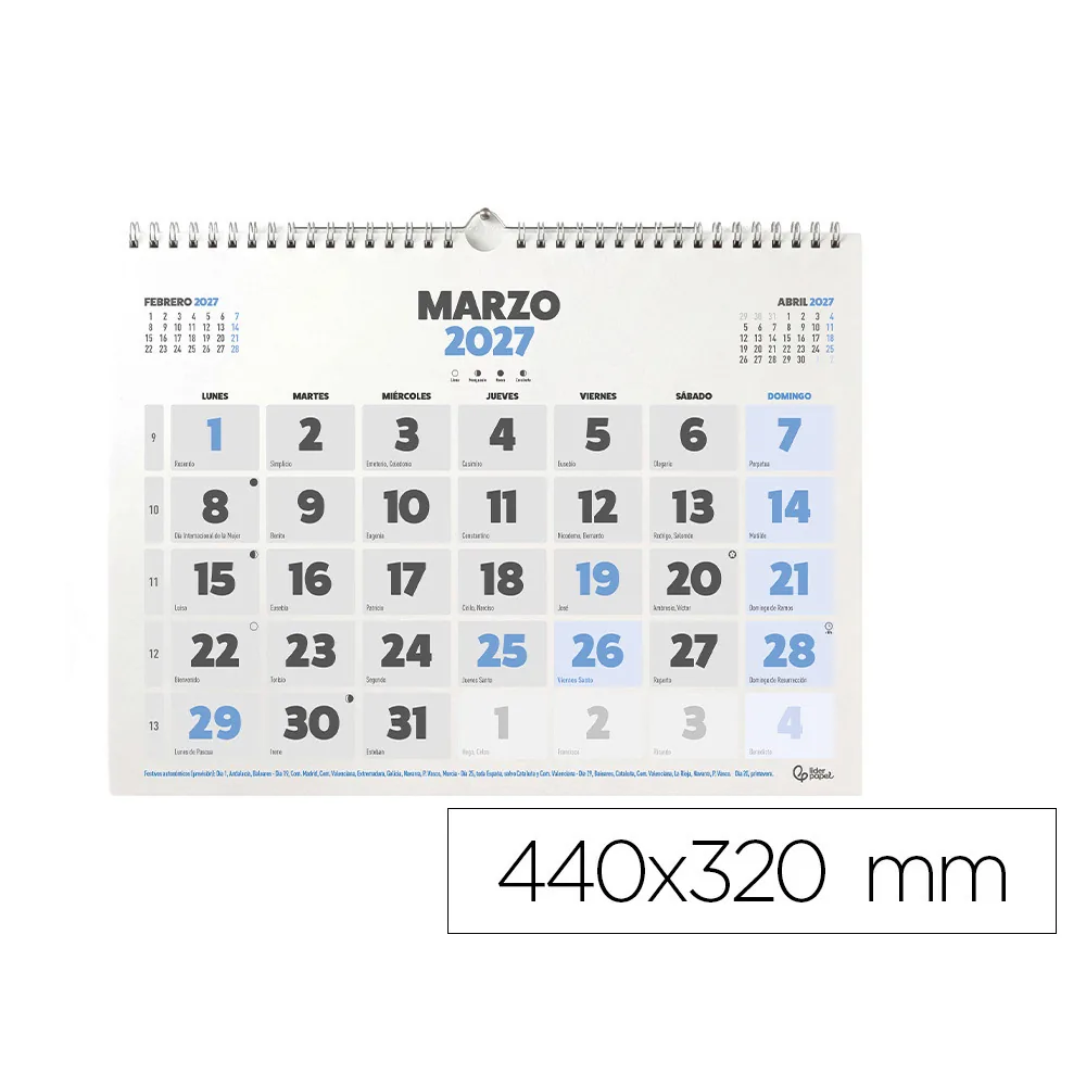 Calendario Pared Liderpapel Clasico 2027 Espiral 440X320 MM Papel 128 G