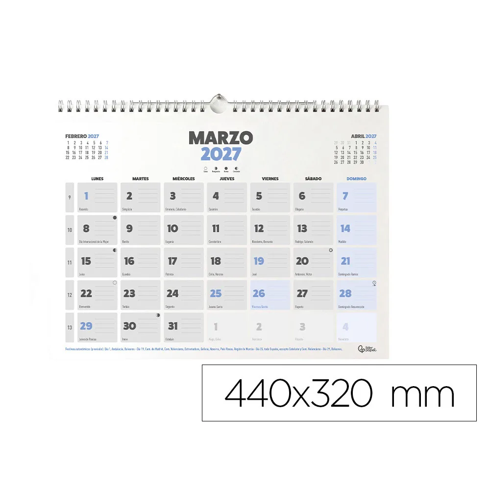 Calendario Pared Liderpapel Clasico 2027 Lomo Engomado 440X320 MM Papel 128 G