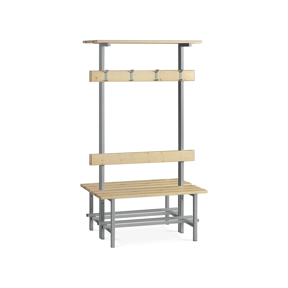 Banco de Madera Doble con Zapatero y Perchero Superior Estructura Acero y Listones de Pino Barnizados 1000 MM
