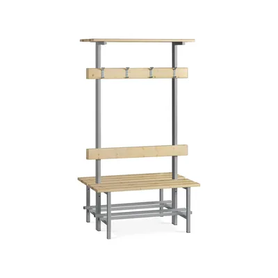 ROCADA Banco de Madera Doble con Zapatero y Perchero Superior Estructura Acero y Listones de Pino Barnizados 1500 MM