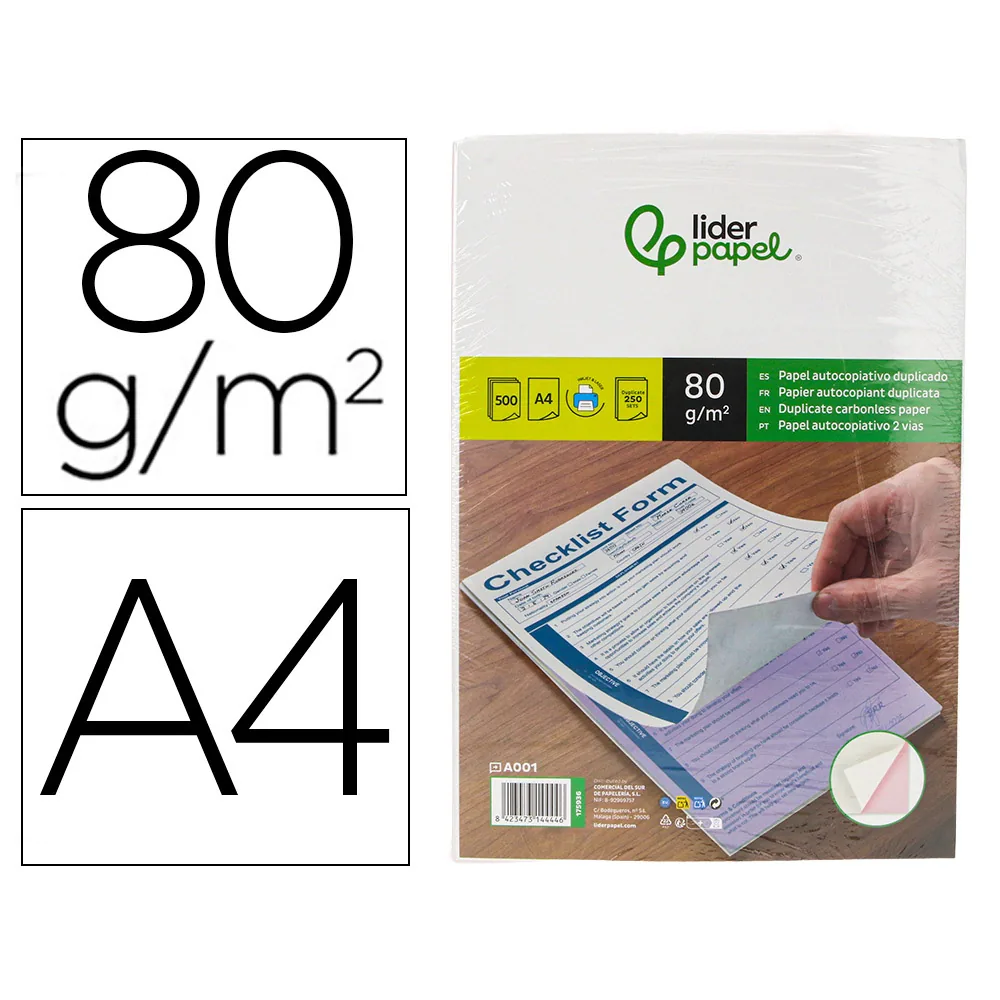Papel Autocopiativo Liderpapel DIN A4 Prealzado Duplicado Blanco y Rosa 80 G 500 Hojas (250 Juegos)