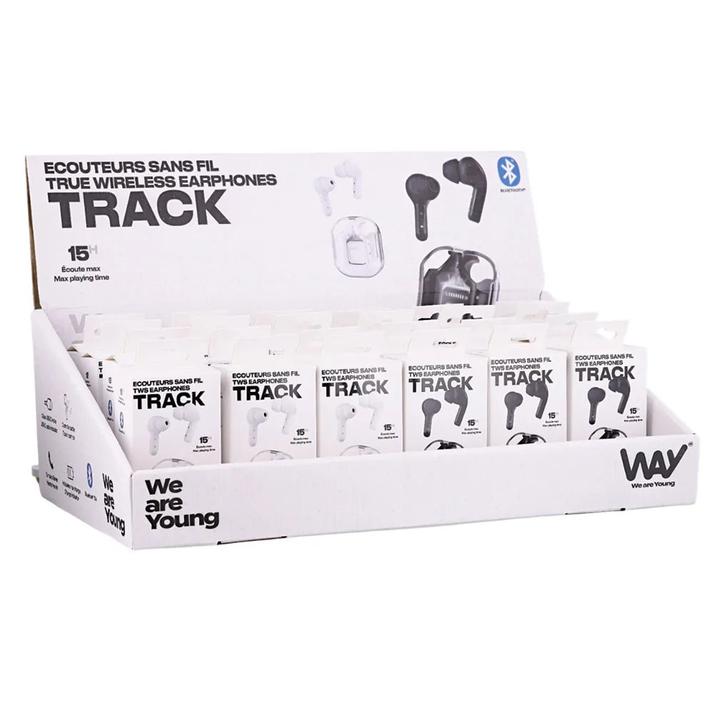 Auriculares Track Tws con Estuche de Carga Expositor de 12 Unidades Blanco + 12 Color Negro