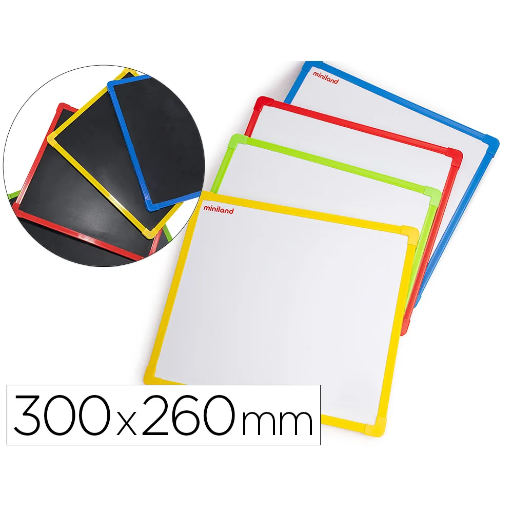Pizarra Blanca Miniland Metalica Magnetica Doble Cara Marco de Plastico 300X260 MM Set de 4 Unidades