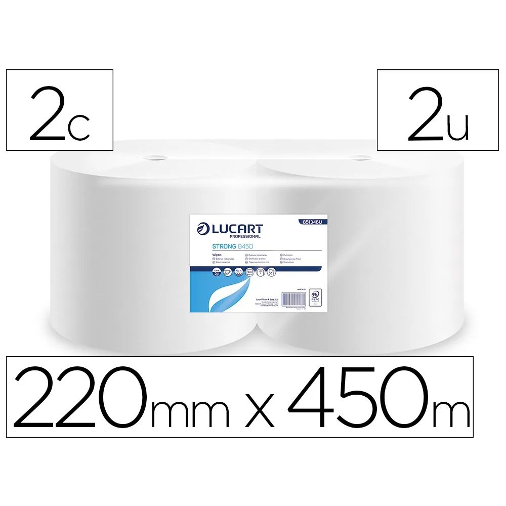 Papel Secamanos Lucart Celulosa Virgen 17,5 G 2 Capas 220 MM X 450 M Paquete de 2 Rollos