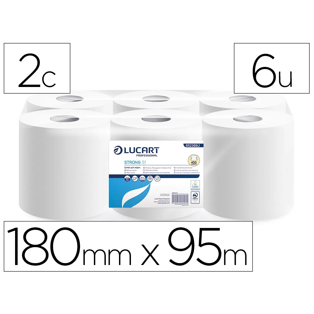 Papel Secamanos Lucart Celulosa Virgen 16,5 G 2 Capas 180 MM X 95 M Paquete de 6 Rollos