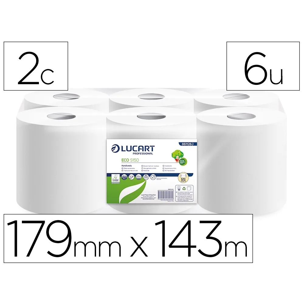 Papel Secamanos Lucart Reciclado 16,5 G 2 Capas 179 MM X 143 M Paquete de 6 Rollos