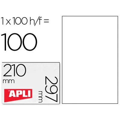 APLI Etiqueta Adhesiva Apli 1281 210X297 MM Fotocopiadora Laser Ink-jet Caja con 100 Hojas DIN A4