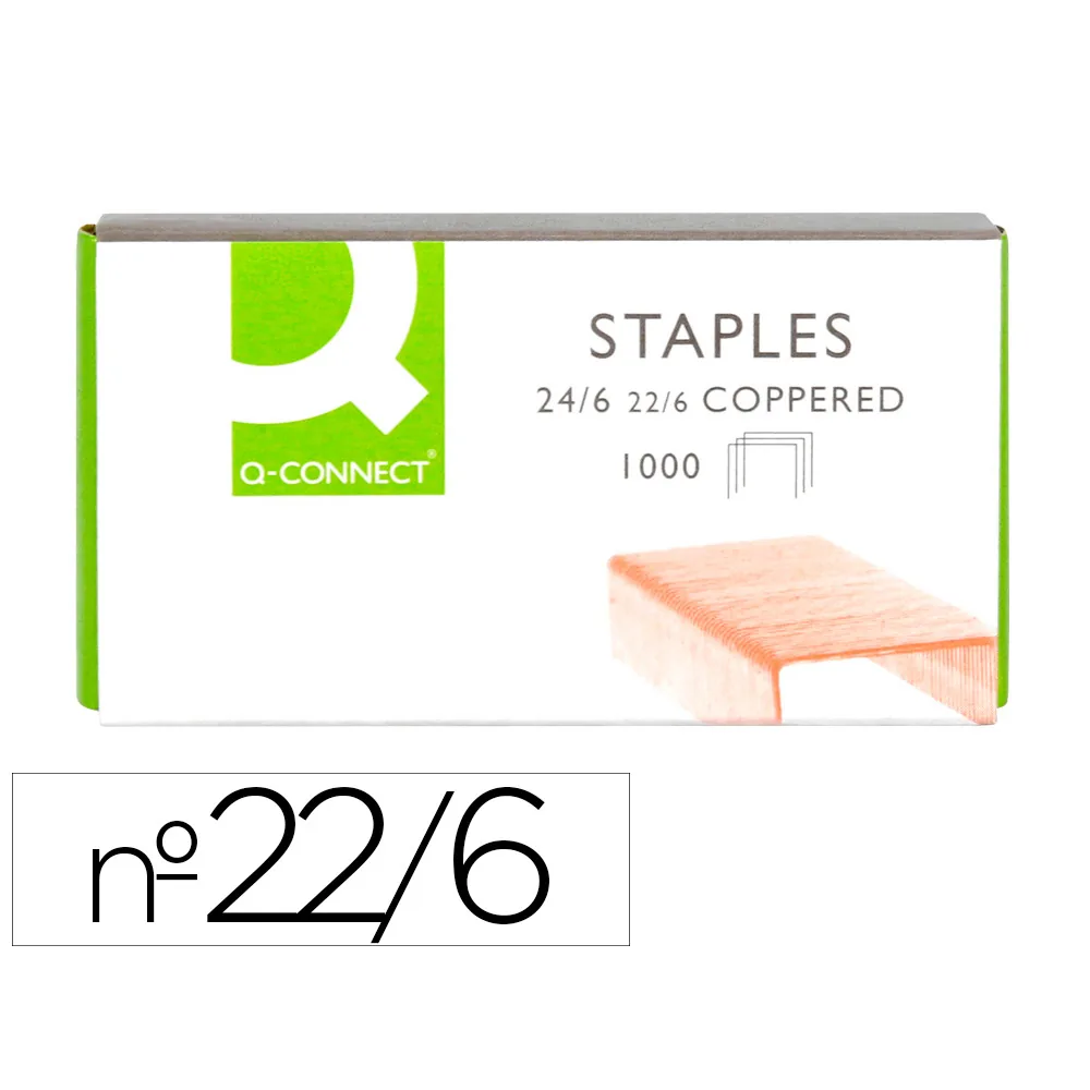 Grapas Q-Connect Nº 22/6 24/6 Cobreadas Caja de 1000 Unidades