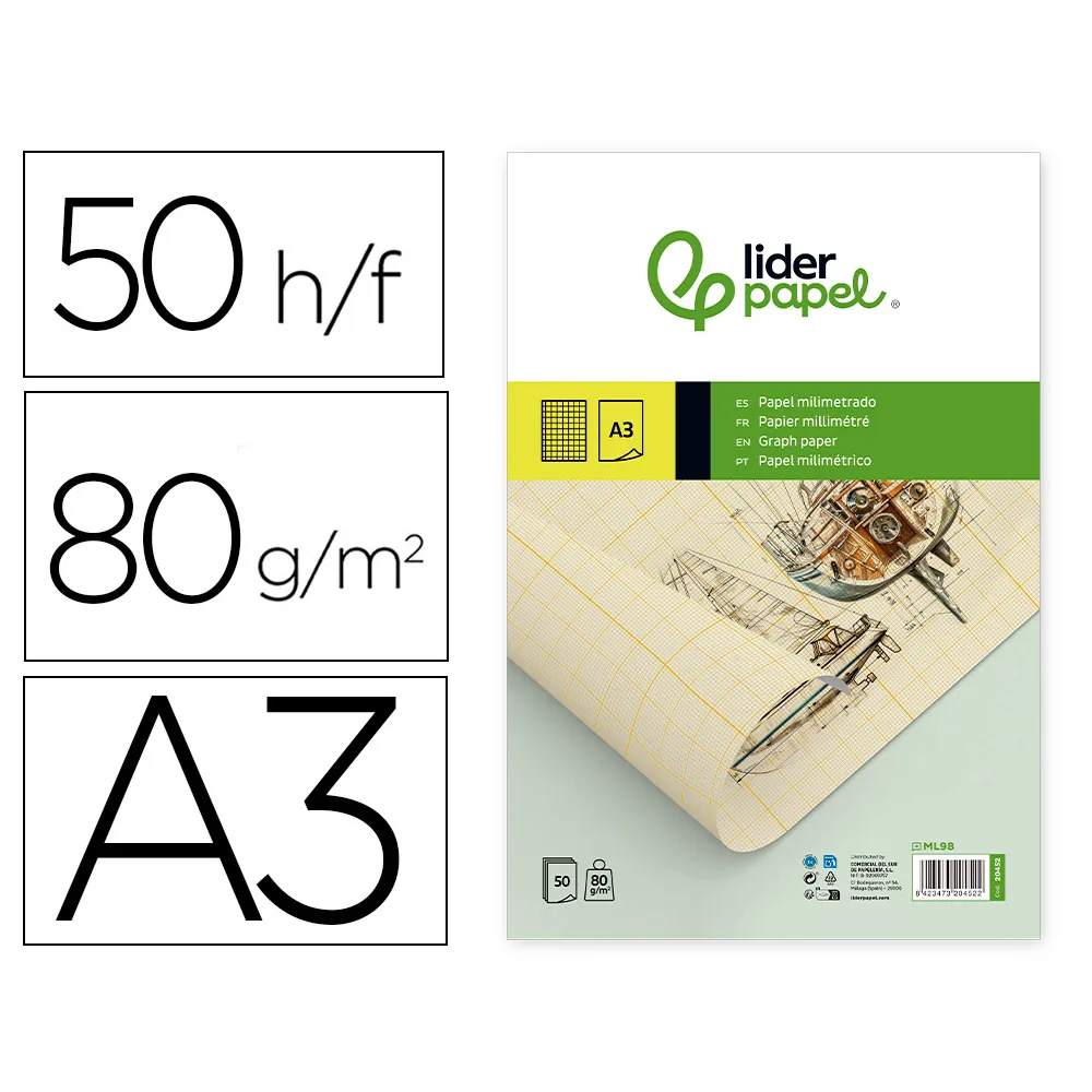 Bloc Papel Milimetrado Liderpapel Encolado 297X420 MM 50 Hojas 80 G