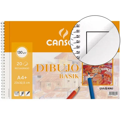 Bloc Dibujo Basik DIN A4+ Espiral 23 X 32.5 CM 20 Hojas Microperforado 2 Taladros -con Recuadro