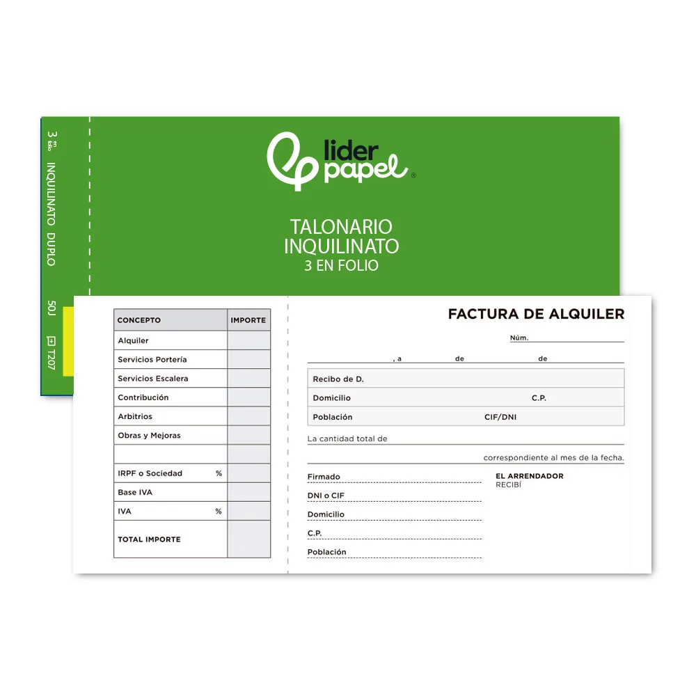 Talonario Liderpapel Inquilinato 3/Fº Original y Copia T207 con Codiciones E I.v.a.