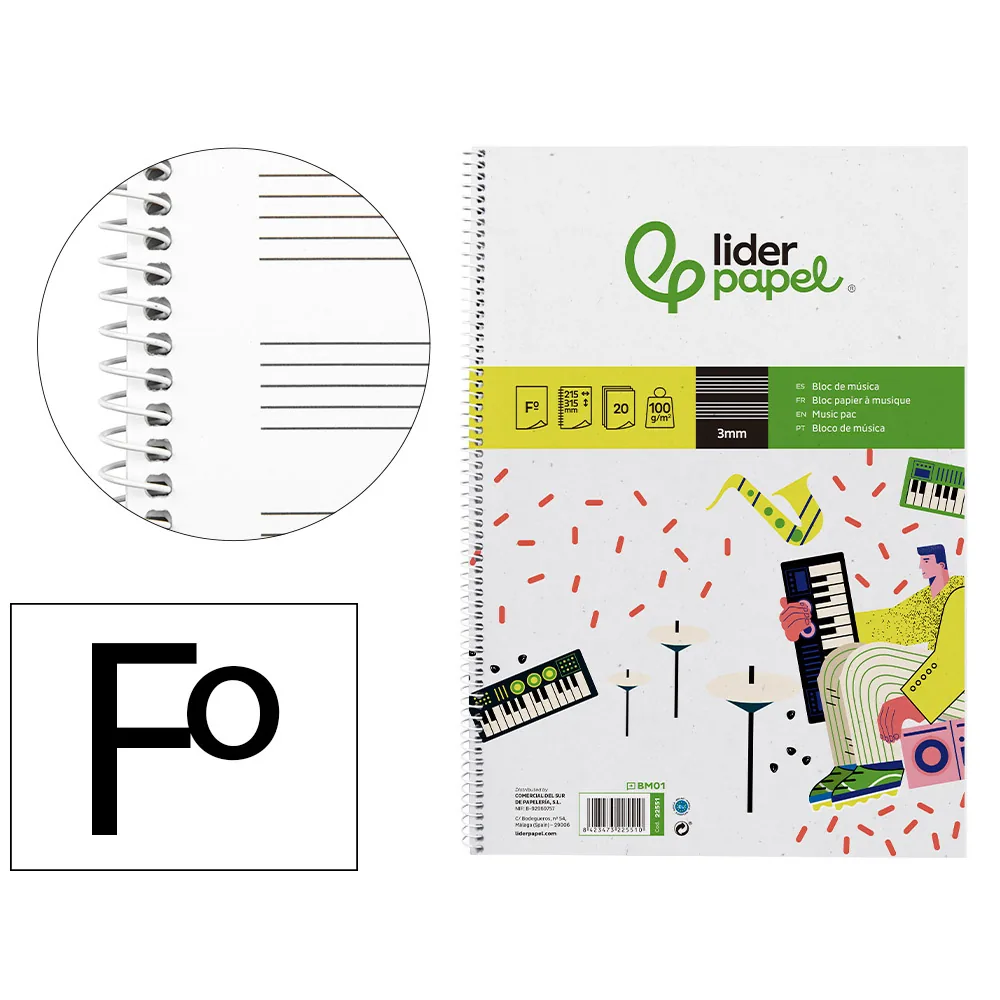 Bloc Musica Liderpapel Pentagrama 3MM Folio 20 Hojas 100G/M2