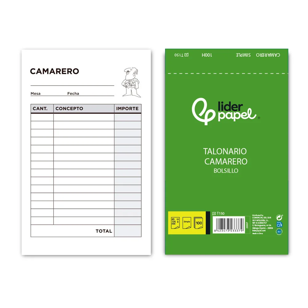 Talonario Liderpapel Camarero Bolsillo Original T150