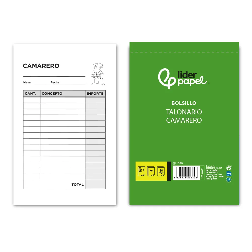 Talonario Liderpapel Camarero Bolsillo Original y 2 Copias T350