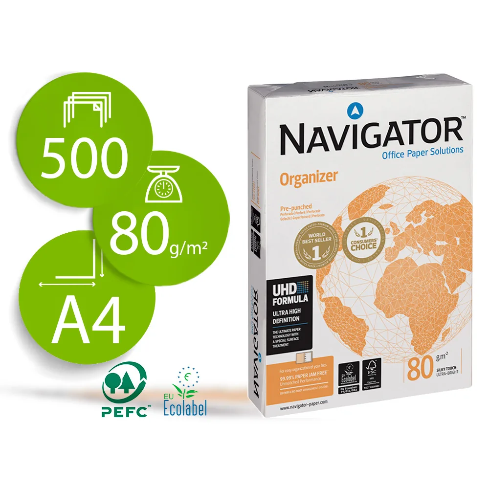 Papel Fotocopiadora Navigator DIN A4 80 Gramos 4 Taladros Papel Multiuso Ink-jet y Laser Paquete de 500 Hojas