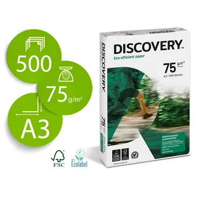 DISCOVERY Papel Fotocopiadora Discovery DIN A3 75 Gramos Papel Multiuso Ink-jet y Laserpaquete de 500 Hojas