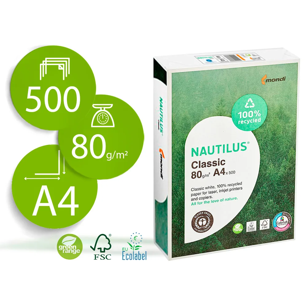 Papel Fotocopiadora Nautilus DIN A4 80 Gramos Paquete de 500 Hojas 100% Reciclado