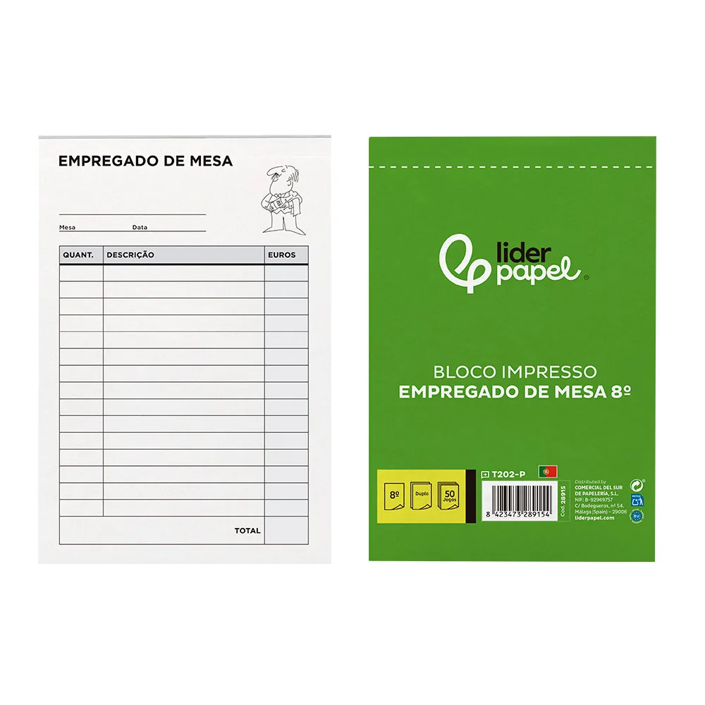 Talonario Liderpapel Camarero Octavo Sin Iva 202 Duplicado Texto en Portugues
