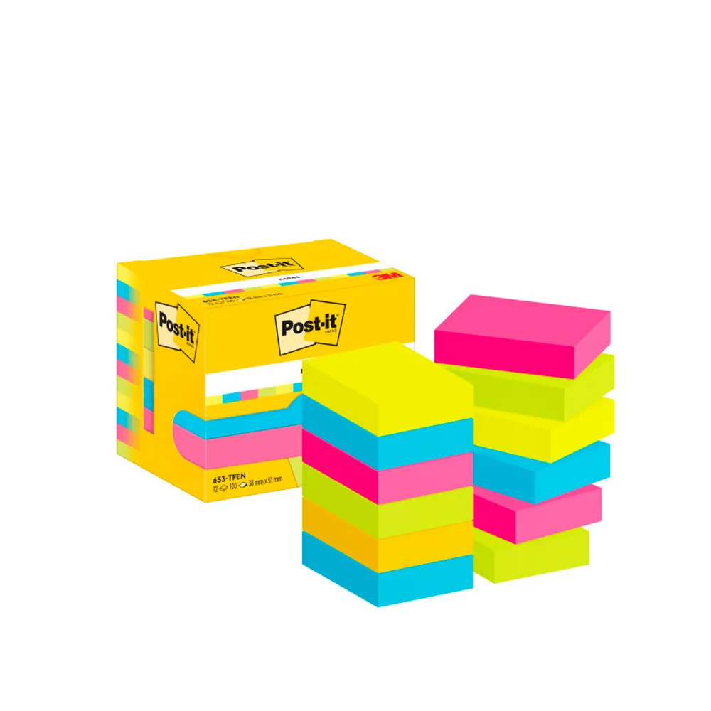 Bloc de Notas Adhesivas Quita y Pon Post-It 38X51 MM Neon Pack de 12 Blocs Surtido