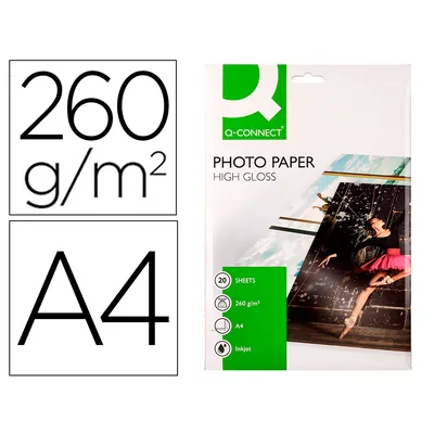 Q-CONNECT Papel Q-Connect Foto Glossy KF02163 DIN A4 Alta Calidad Digital Photo para Ink-jet Bolsa de 20 Hojas de 260 GR