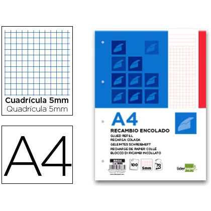 Bloc Encolado Liderpapel Cuadro 5MM Rojo A4 Natural 100 Hojas 70 G/M2