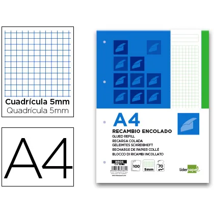 Bloc Encolado Liderpapel Cuadro 5MM Verde A4 Natural 100 Hojas 70 G/M2