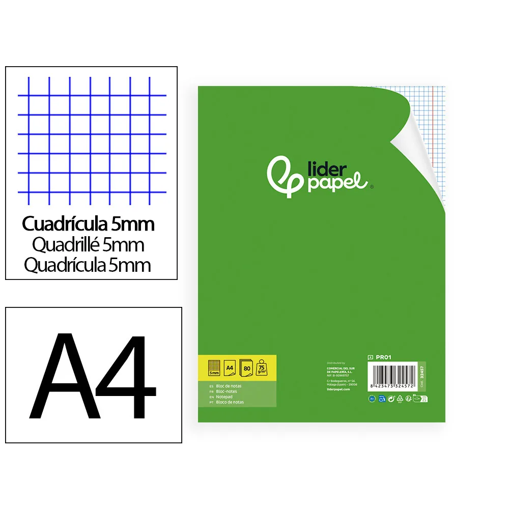 Bloc Notas Liderpapel Cuadro 5MM A4 80 Hojas 75 G Encolado 4 Taladros Doble Margen