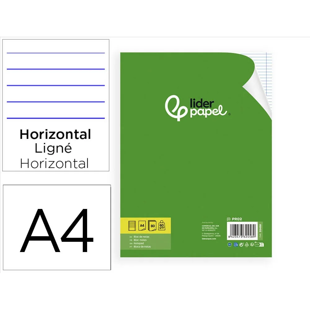 Bloc Notas Liderpapel Horizontal A4 80 Hojas 60G/M2 Encolado 4 Taladros Doble Margen Azul