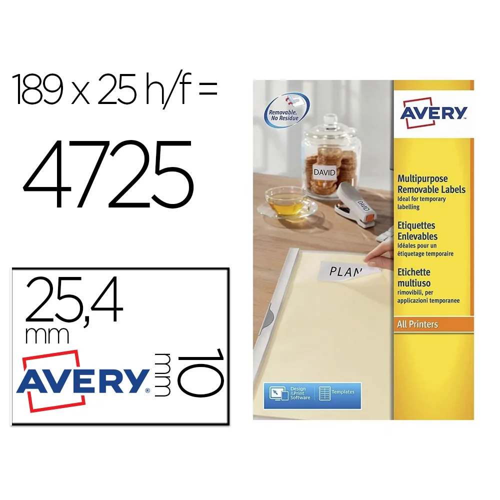 Etiqueta Adhesiva Avery Removible Tamaño 25,4X10 MM Caja de 4725 Unidades