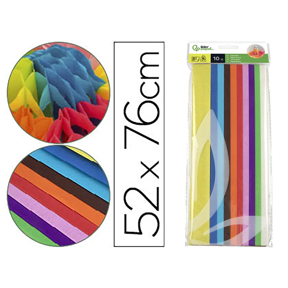 Papel Seda Liderpapel 52X76CM 18G/M2 Bolsa de 10 Hojas Colores Surtidos