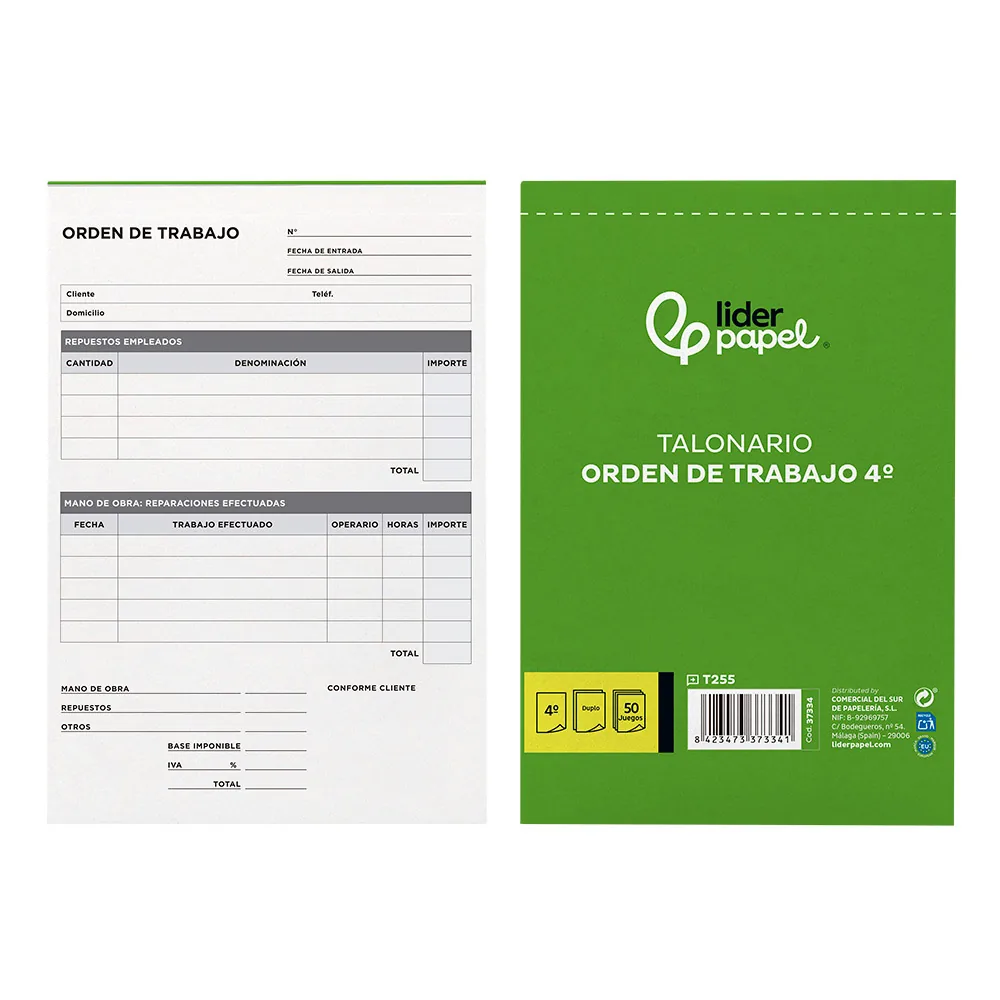 Talonario Liderpapel Orden de Trabajo Cuarto Original y Copia T255