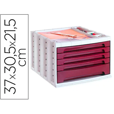 ARCHIVO 2000 Fichero Cajones de Sobremesa Archivo 2000 305X370X215 MM Bandeja Organizadora Superior 5 Cajones Burdeos Opaco