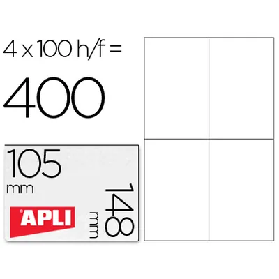 APLI Etiqueta Adhesiva Apli 1280 Tamaño 105X148 MM para Fotocopiadora Laser Ink-jet Caja con 100 Hojas DIN A4