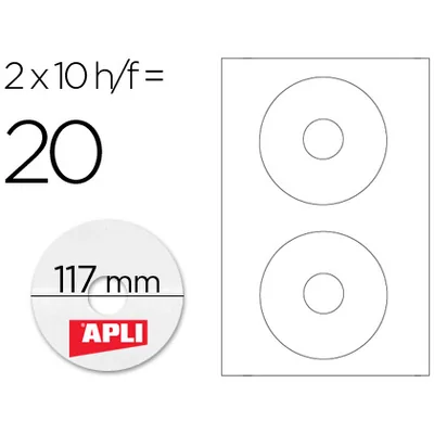 APLI Etiqueta Adhesiva Apli 10603 Tamaño Cd-rom 117 MM para Fotocopiadora Laser Ink-jet Caja con 10 HOJAS/20 Etiquetas