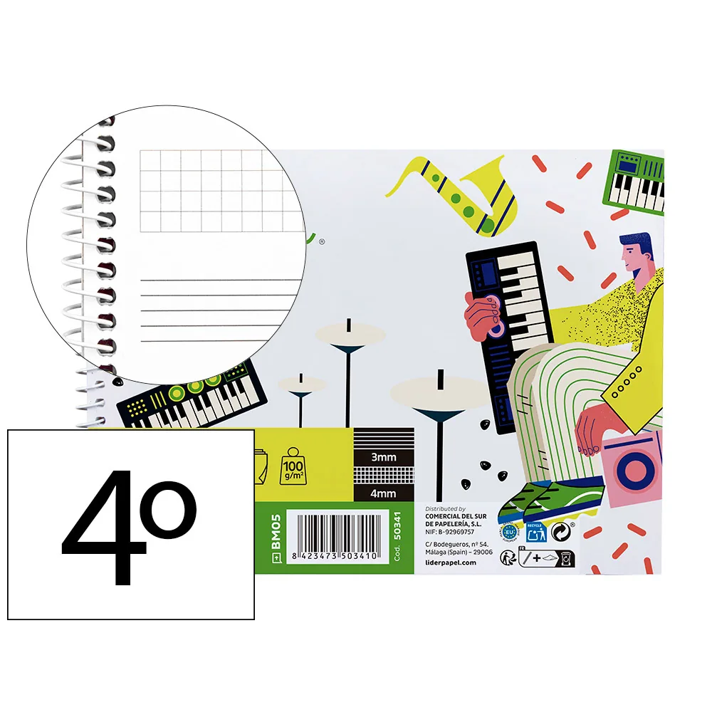Bloc Musica Liderpapel Combi Pentagrama 3MM Mas Cuadricula de 4MM para Anotaciones CUARTO20 Hojas 100G/M2